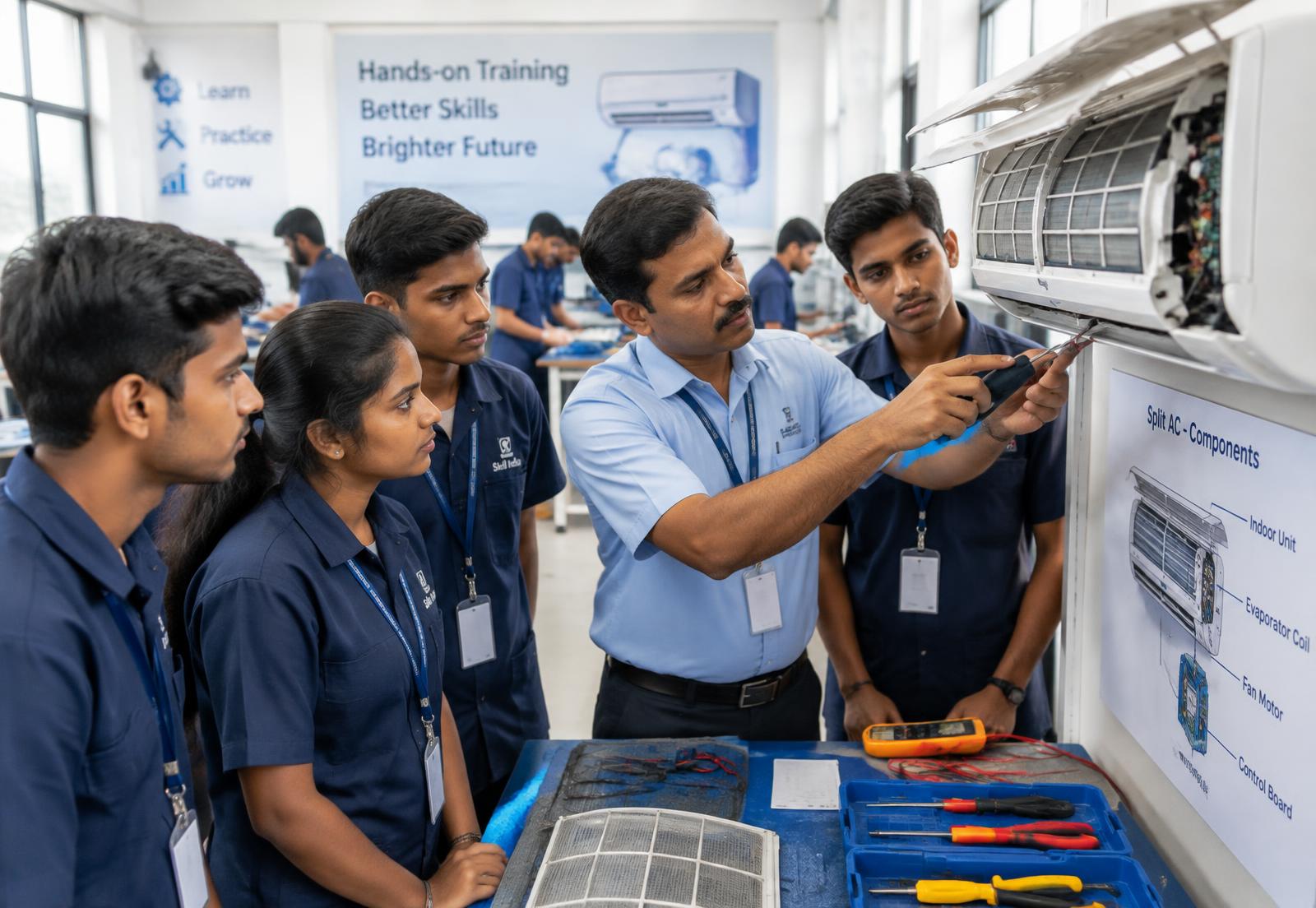 Trainees learning AC repair with an instructor